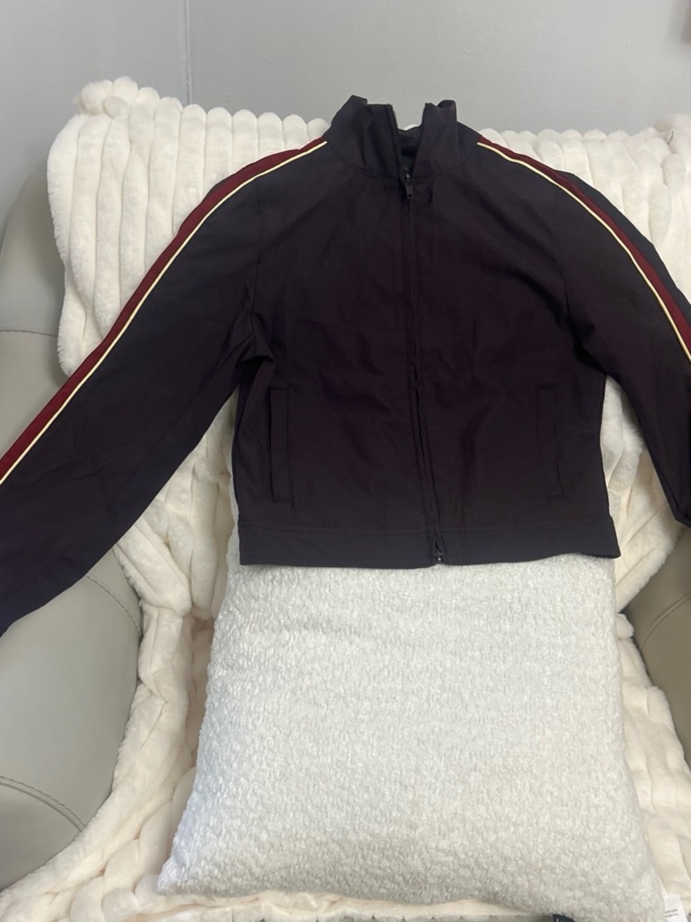 wild fable Black Bomber Jacket with Burgundy and Cream Sleeve Stripes